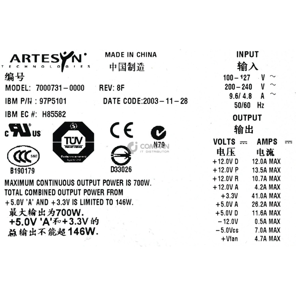 97P5101 IBM 700W POWER SUPPLY FOR POWER 615 ESERVER PSERIES POWER6